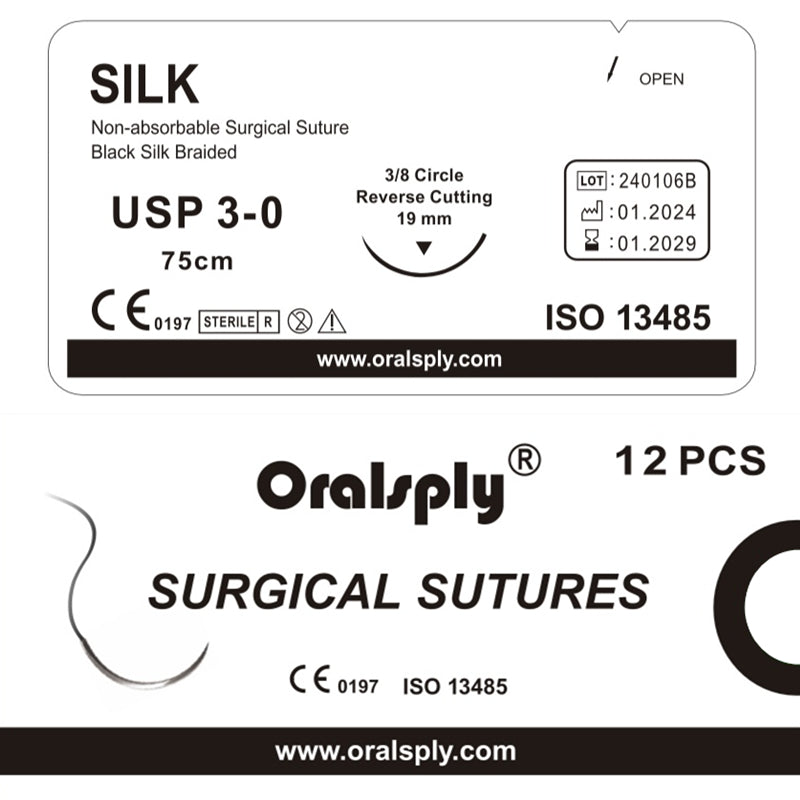 Oralsply SILK 3-0 / 4-0 Non-Absorbable Surgical Sutures 12/Box