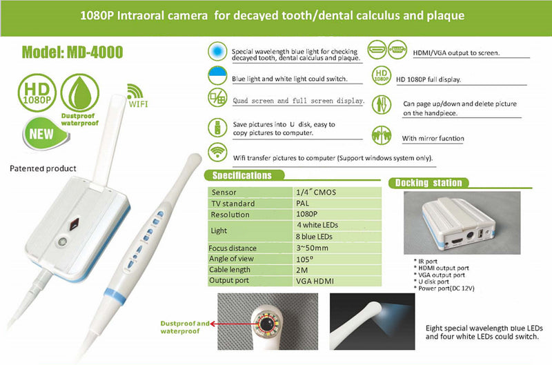 1080P HD Intraoral Camera Blue / White Light HDMI VGA WiFi