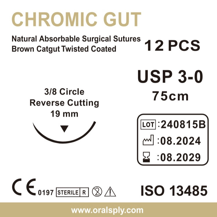 Oralsply CHROMIC GUT 3-0 / 4-0 Absorbable Surgical Sutures 12/Box