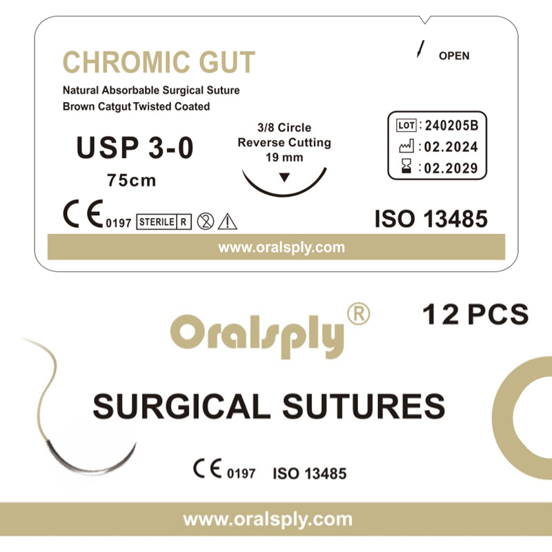 Oralsply CHROMIC GUT 3-0 / 4-0 Absorbable Surgical Sutures 12/Box