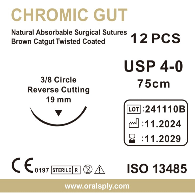 Oralsply CHROMIC GUT 3-0 / 4-0 Absorbable Surgical Sutures 12/Box